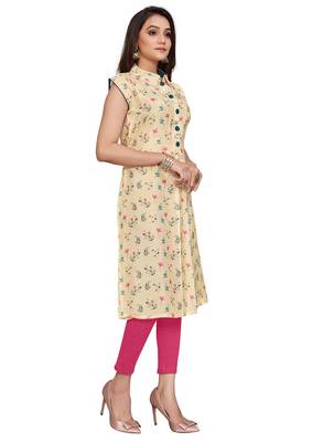 yellow Silk printed stitched quarter sleeve   Kurti 1