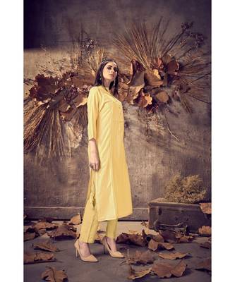 yellow Silk plain stitched quarter sleeve   Kurti 1