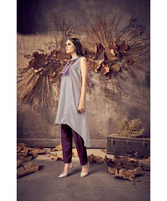 Grey Silk plain stitched Sleeveless   Kurti 1