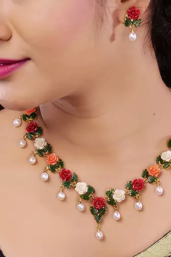 Natural Pearls N colourful Flower Necklace Set