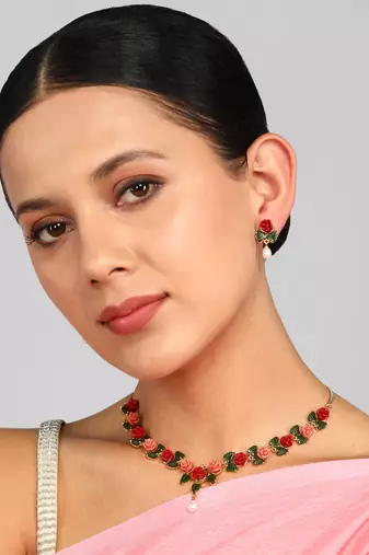 Multicolor Flolar and White Pearl Alloy Necklace Set