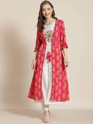 Juniper Fuschia Rayon Embroidered Jacket Style Kurta 1