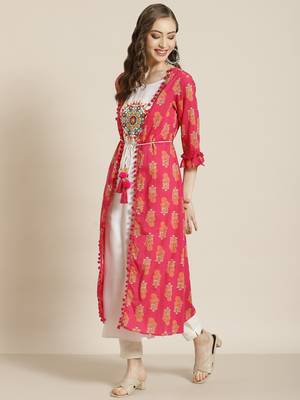 Juniper Fuschia Rayon Embroidered Jacket Style Kurta 2