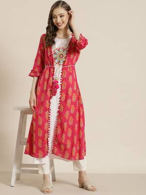 Juniper Fuschia Rayon Embroidered Jacket Style Kurta 5
