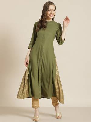 Juniper Olive Rayon Printed A-Line Kurta 1
