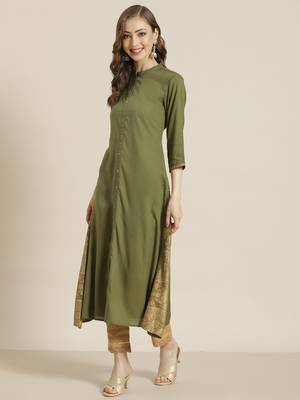 Juniper Olive Rayon Printed A-Line Kurta 2