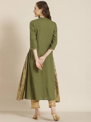 Juniper Olive Rayon Printed A-Line Kurta 3