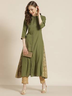 Juniper Olive Rayon Printed A-Line Kurta 5