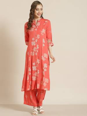 Juniper Coral Rayon Printed A-Line Kurta Palazzo Set 1