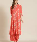 Juniper Coral Rayon Printed A-Line Kurta Palazzo Set