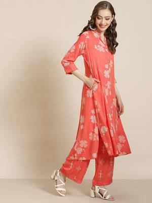 Juniper Coral Rayon Printed A-Line Kurta Palazzo Set 2
