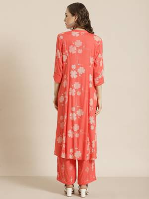 Juniper Coral Rayon Printed A-Line Kurta Palazzo Set 3