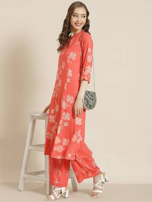 Juniper Coral Rayon Printed A-Line Kurta Palazzo Set 5
