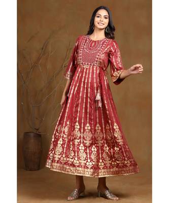 Juniper Maroon Shantoon Printed Anarkali kurti 1