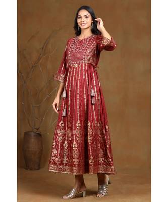 Juniper Maroon Shantoon Printed Anarkali kurti 5
