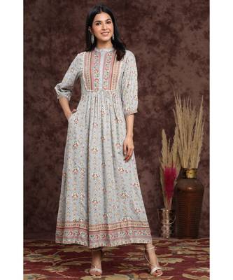 Juniper Grey Rayon Printed A-line kurti 1