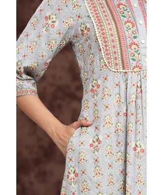 Juniper Grey Rayon Printed A-line kurti 4