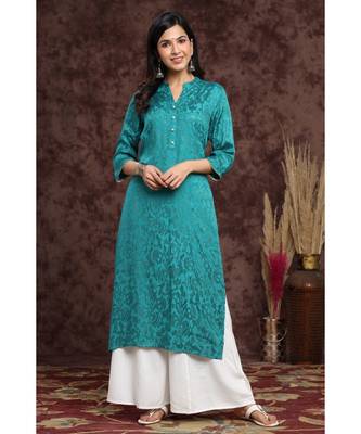 Juniper Teal Rayon Jacquard Straight Kurta 1