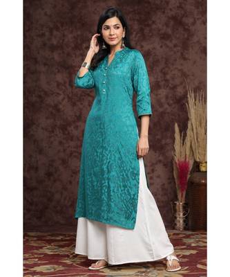 Juniper Teal Rayon Jacquard Straight Kurta 2