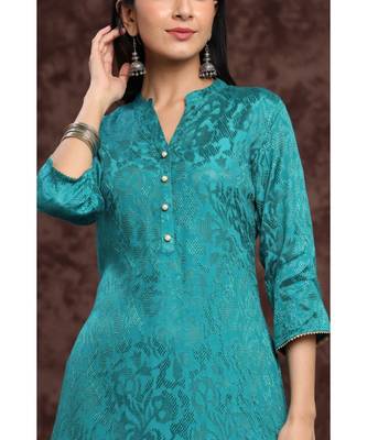 Juniper Teal Rayon Jacquard Straight Kurta 4