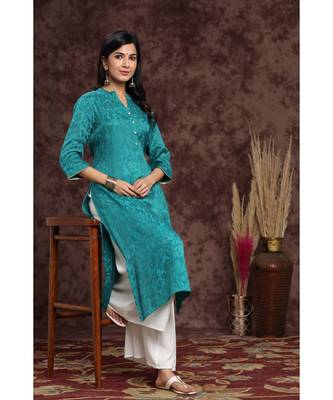 Juniper Teal Rayon Jacquard Straight Kurta 5
