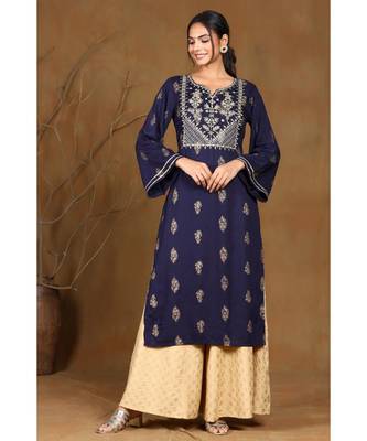 Juniper Navyblue Rayon Embroidered Straight Kurta 1
