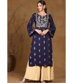 Juniper Navyblue Rayon Embroidered Straight Kurta