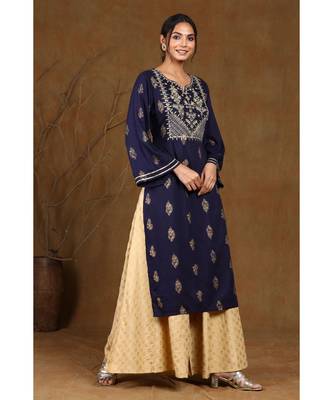 Juniper Navyblue Rayon Embroidered Straight Kurta 2