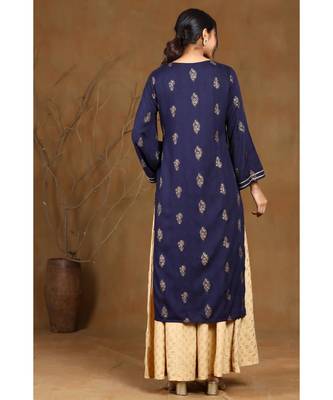 Juniper Navyblue Rayon Embroidered Straight Kurta 3