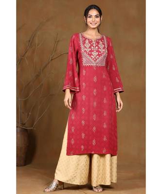 Juniper Wine Rayon Embroidered Straight Kurta 1