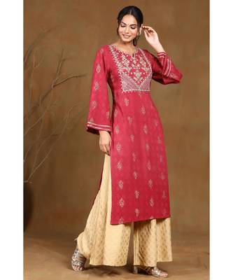 Juniper Wine Rayon Embroidered Straight Kurta 5