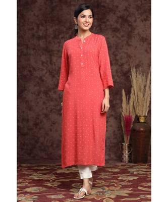 Juniper Coral Rayon Slub Embellished Straight Kurta 1