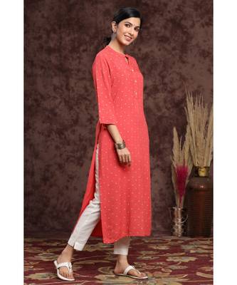 Juniper Coral Rayon Slub Embellished Straight Kurta 2