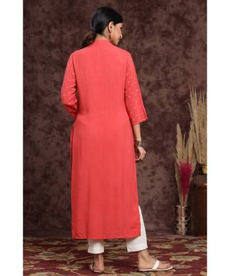 Juniper Coral Rayon Slub Embellished Straight Kurta 3