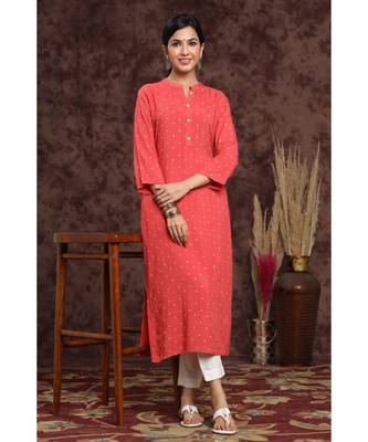 Juniper Coral Rayon Slub Embellished Straight Kurta 5
