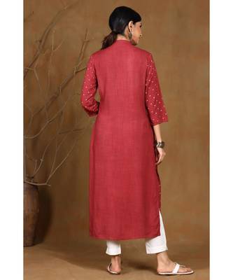 Juniper Wine Rayon Slub Embellished Straight Kurta 3