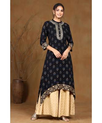 Juniper Black Rayon Dobby Asymmetric Kurta 1