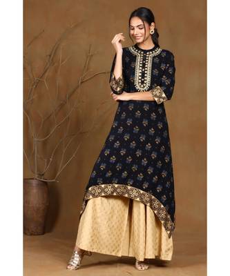 Juniper Black Rayon Dobby Asymmetric Kurta 2