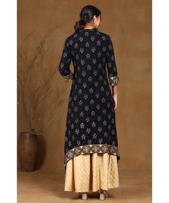 Juniper Black Rayon Dobby Asymmetric Kurta 3