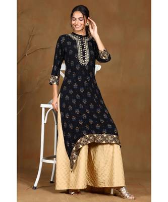 Juniper Black Rayon Dobby Asymmetric Kurta 5