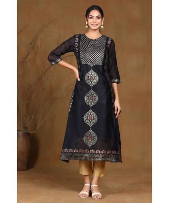 Juniper Black Modal Chanderi Printed Straight Kurta 1