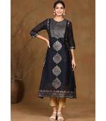 Juniper Black Modal Chanderi Printed Straight Kurta
