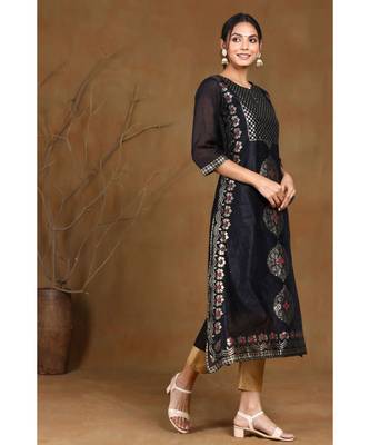 Juniper Black Modal Chanderi Printed Straight Kurta 2