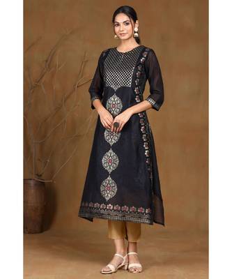Juniper Black Modal Chanderi Printed Straight Kurta 5