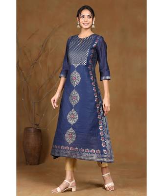 Juniper Indigo Modal Chanderi Printed Straight Kurta 5