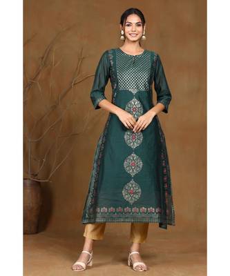 Juniper Jadegreen Modal Chanderi Printed Straight Kurta 1