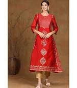 Juniper Maroon Modal Chanderi Printed Straight Kurta