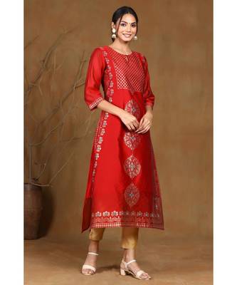 Juniper Maroon Modal Chanderi Printed Straight Kurta 2
