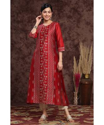 Juniper Maroon Modal Chanderi Printed Straight Kurta 1