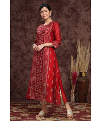 Juniper Maroon Modal Chanderi Printed Straight Kurta 2